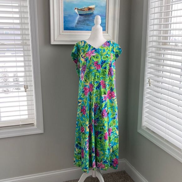 Vintage 80s Main Street Classic Shortsleeve Beach Summer Hawaiian ButtonUp Dress - Picture 2 of 11